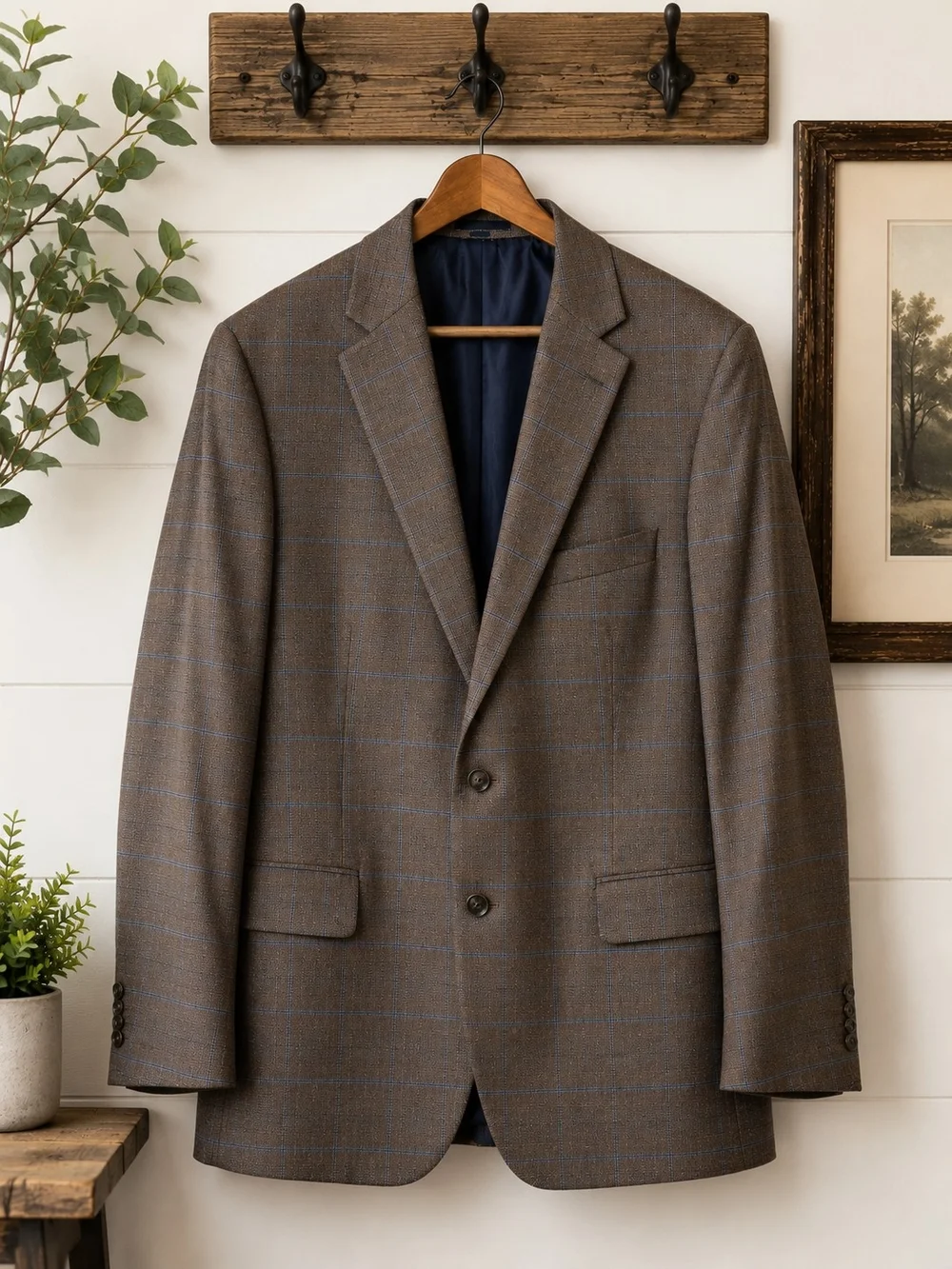 Jos. A. Bank 1905 Brown Blue Windowpane Wool Sport Coat Blazer 48L Tailored Fit